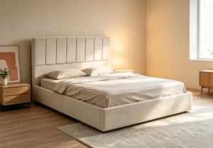 Upholstered bed with a vertically channel-stitched headboard, cream bedding and a wooden nightstand in a sunlit room.