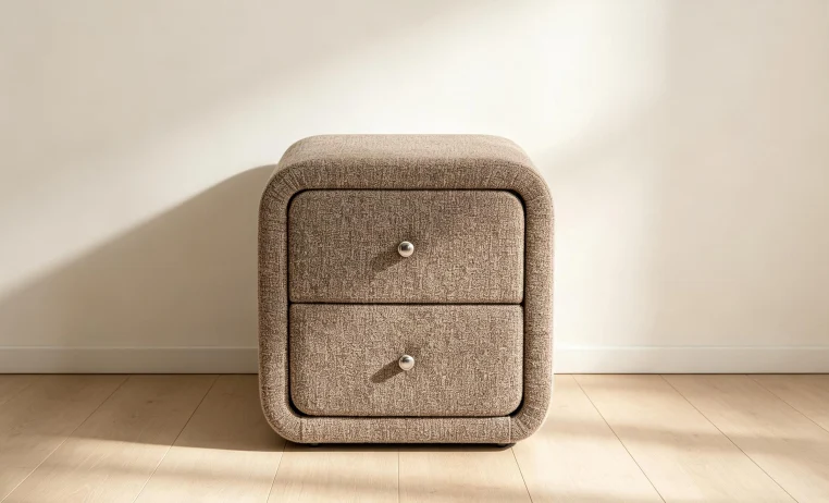 Upholstered two-drawer bedside table in a textured beige fabric with a wrap-around raised edge, standing on a light wood floor.